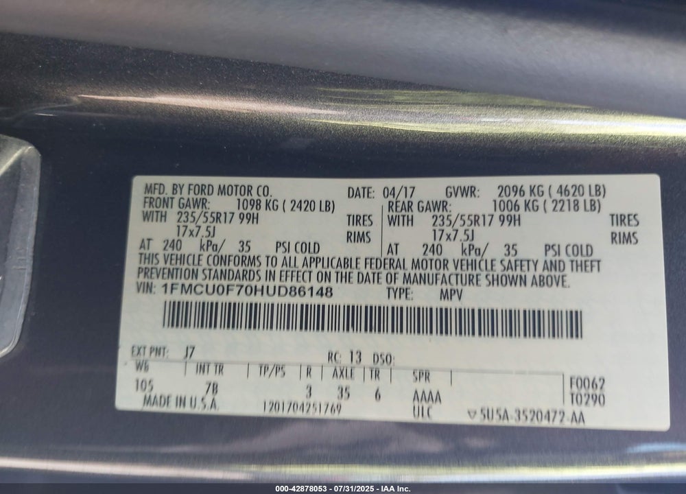 2017 FORD ESCAPE S VIN: 1FMCU0F70HUD86148