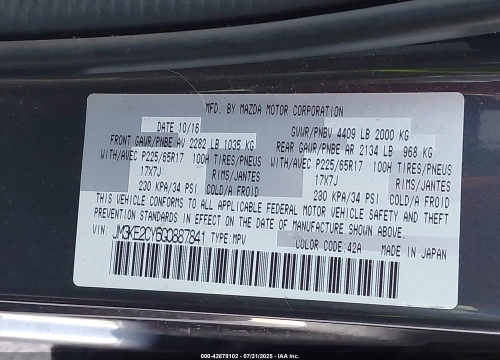 2016 MAZDA CX-5 VIN: JM3KE2CY6G0887841