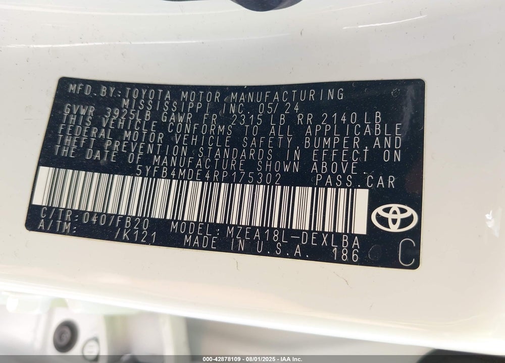 2024 TOYOTA COROLLA VIN: 5YFB4MDE4RP175302