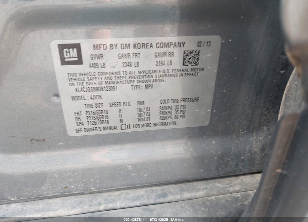 2013 BUICK ENCORE VIN: KL4CJGSB9DB123091
