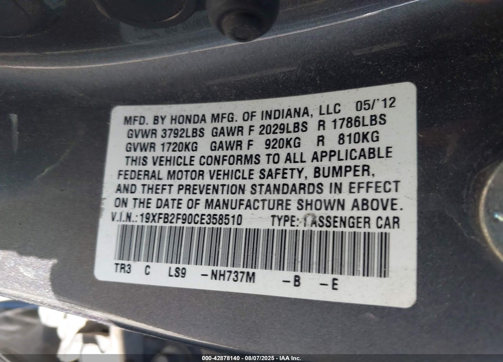 2012 HONDA CIVIC VIN: 19XFB2F90CE358510