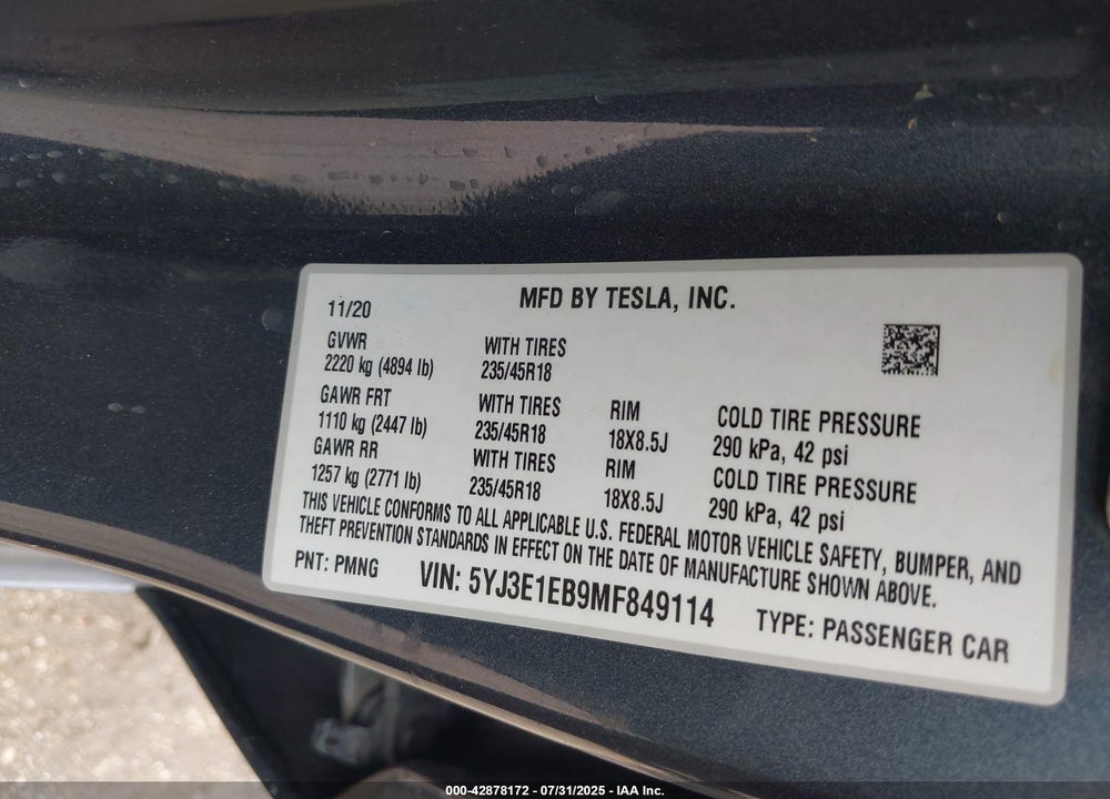 2021 TESLA MODEL 3 VIN: 5YJ3E1EB9MF849114