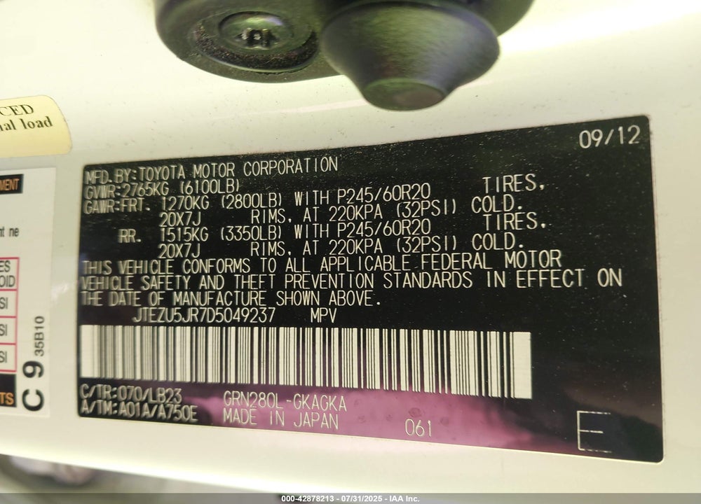 2013 TOYOTA 4RUNNER VIN: JTEZU5JR7D5049237