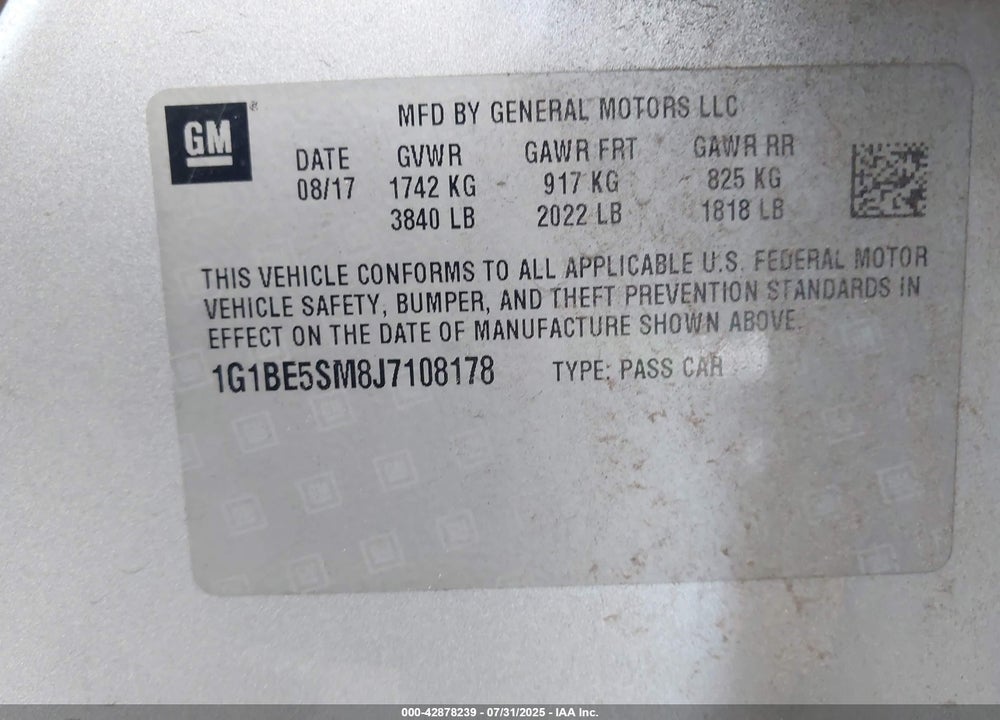 2018 CHEVROLET CRUZE LT AUTO VIN: 1G1BE5SM8J7108178