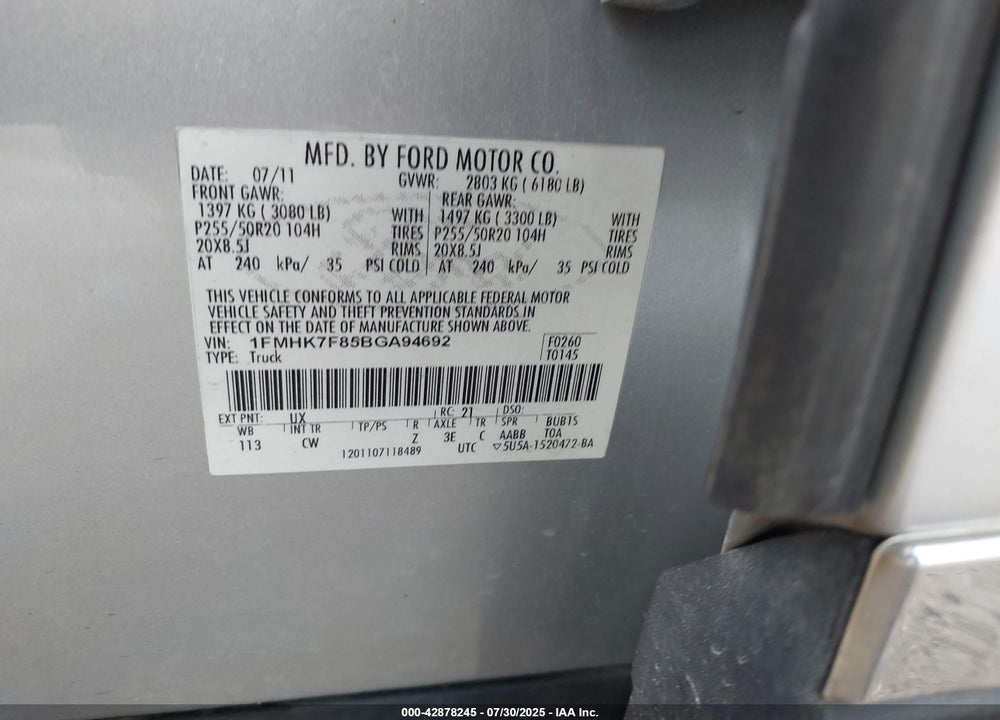 2011 FORD EXPLORER VIN: 1FMHK7F85BGA94692