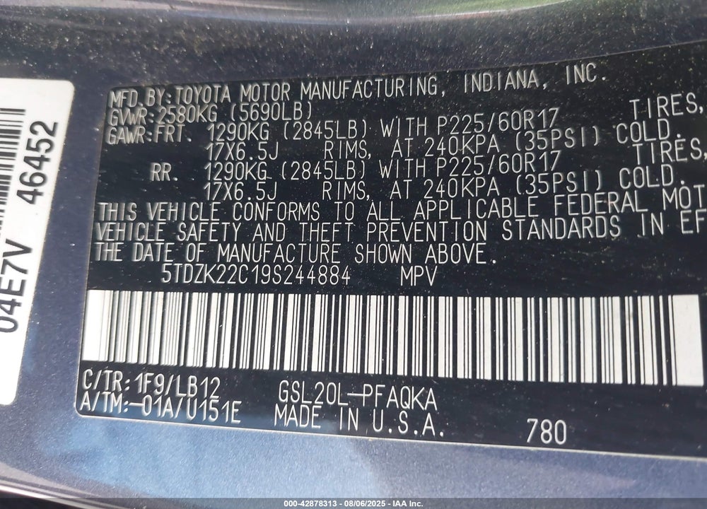 2009 TOYOTA SIENNA XLE VIN: 5TDZK22C19S244884