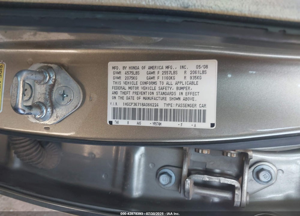 2008 HONDA ACCORD VIN: 1HGCP36718A066224