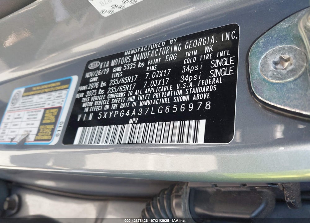 2020 KIA SORENTO VIN: 5XYPG4A37LG656978