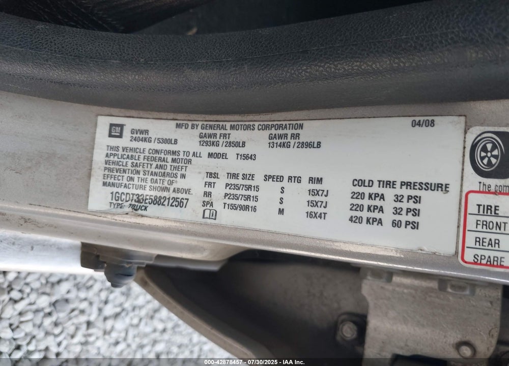 2008 CHEVROLET COLORADO LT VIN: 1GCDT33E588212567
