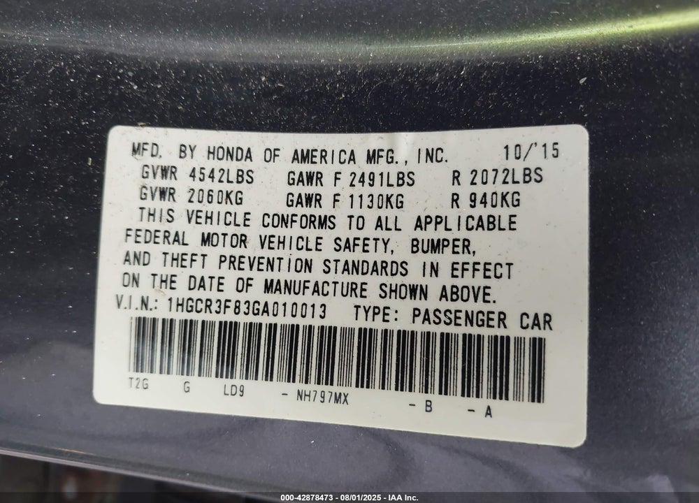 2016 HONDA ACCORD EX-L V-6 VIN: 1HGCR3F83GA010013