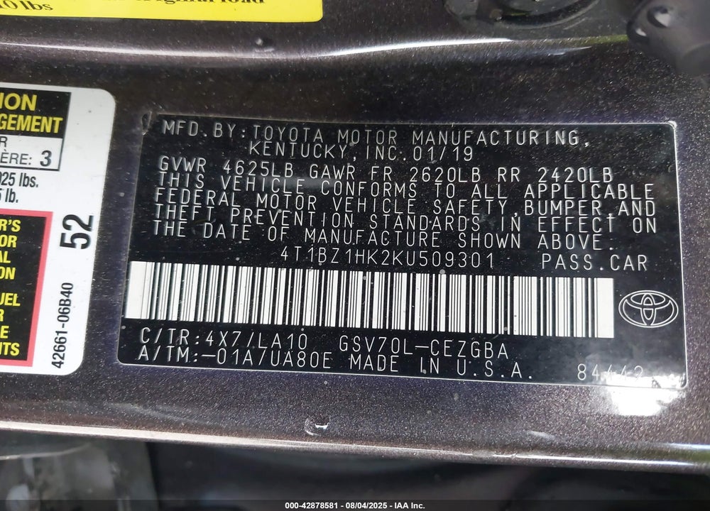2019 TOYOTA CAMRY VIN: 4T1BZ1HK2KU509301