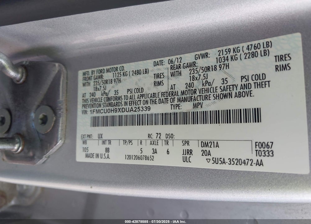 2013 FORD ESCAPE SEL VIN: 1FMCU0H9XDUA25339