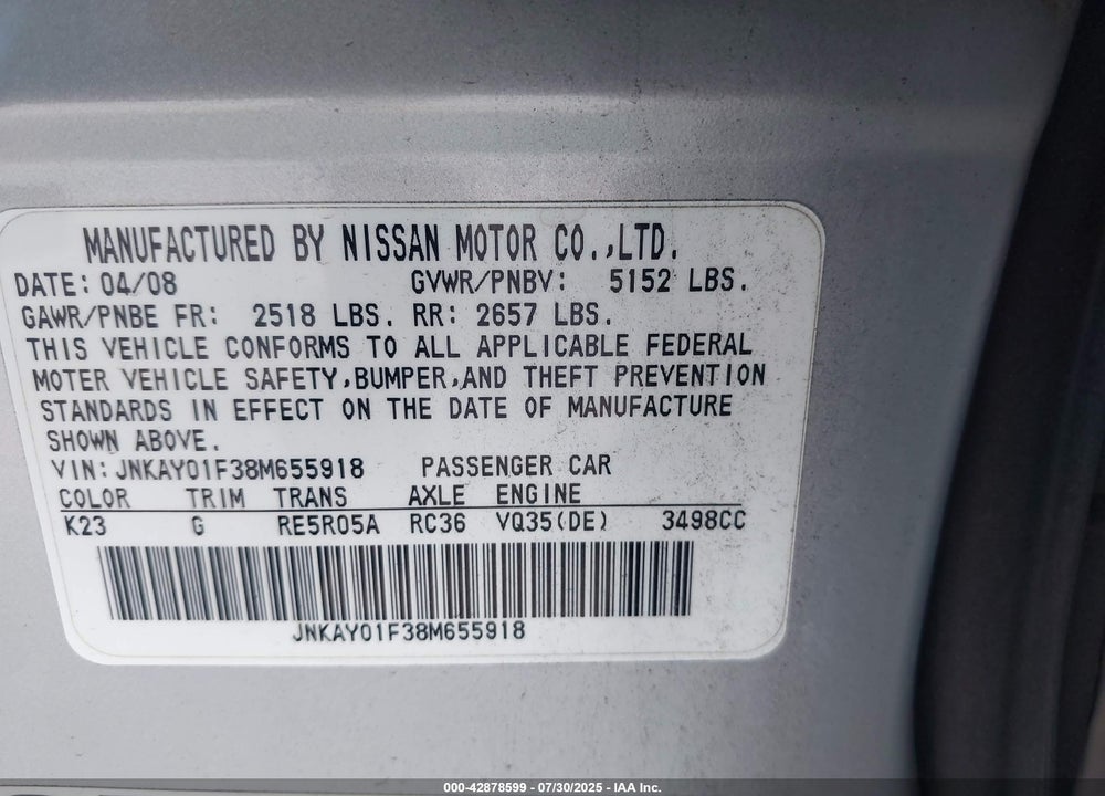 2008 INFINITI M35X VIN: JNKAY01F38M655918