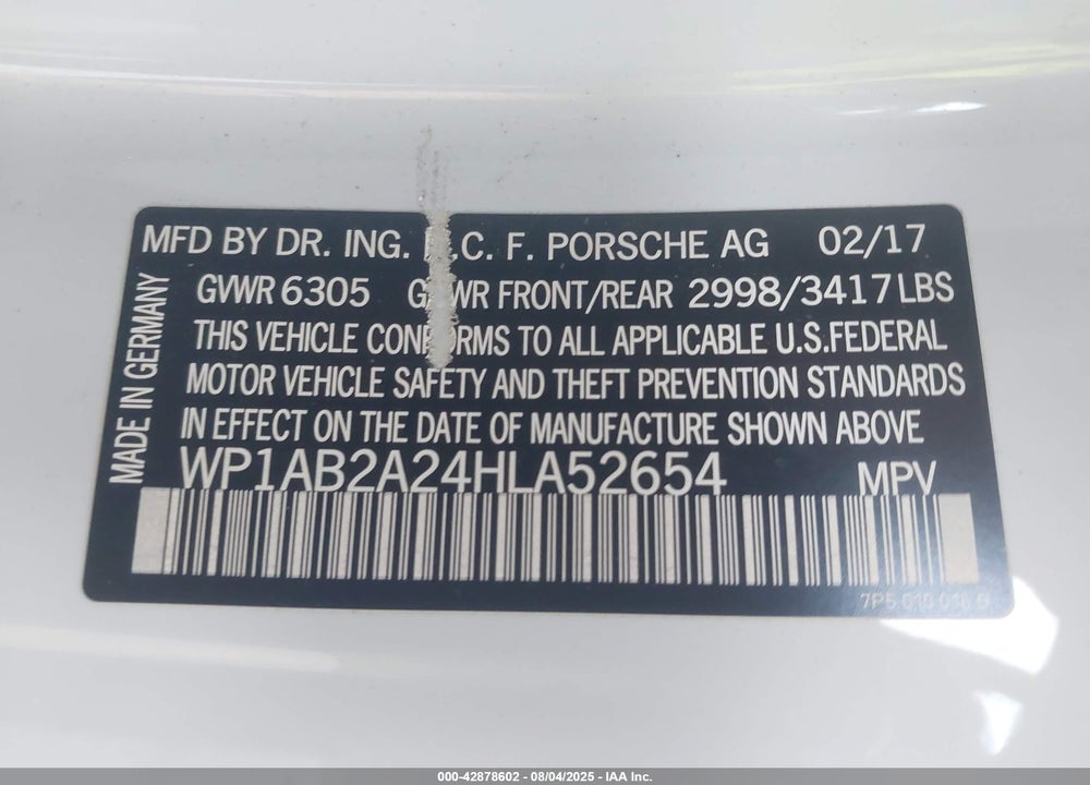 2017 PORSCHE CAYENNE VIN: WP1AB2A24HLA52654