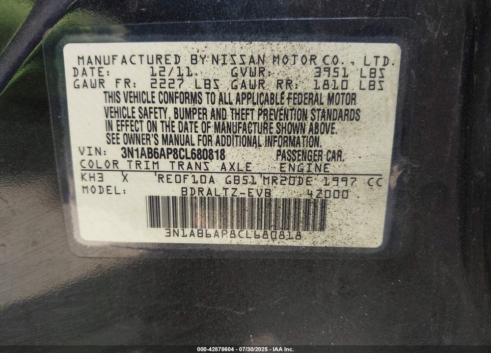 2012 NISSAN SENTRA VIN: 3N1AB6AP8CL680818