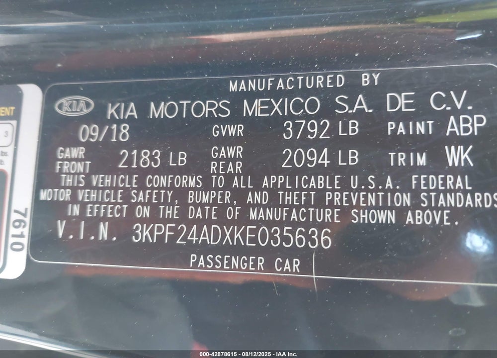 2019 KIA FORTE LXS VIN: 3KPF24ADXKE035636