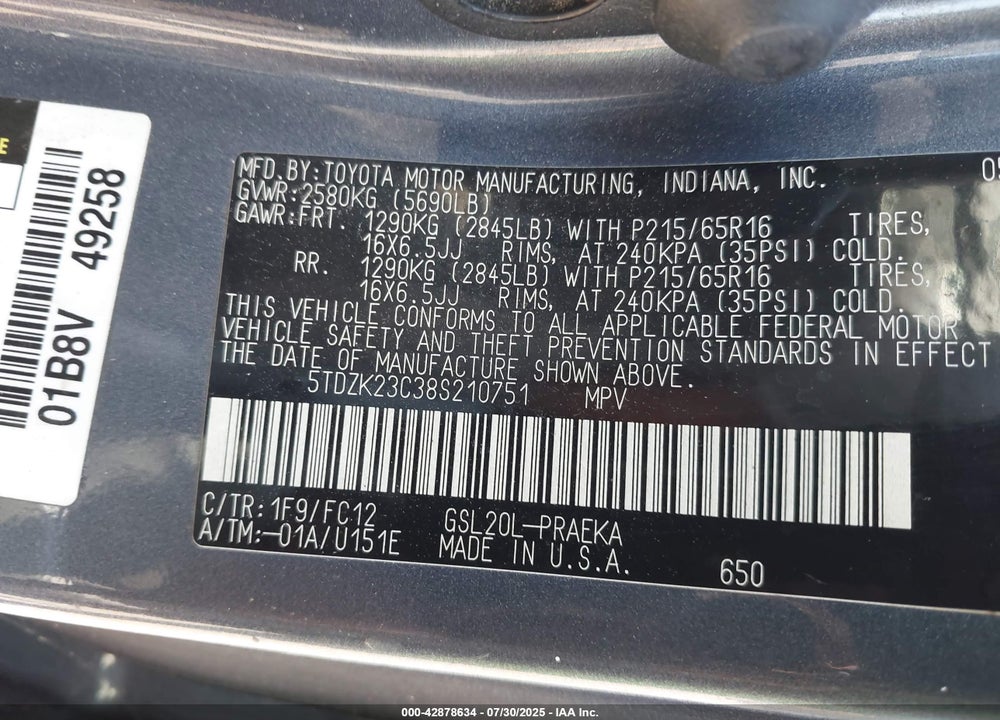 2008 TOYOTA SIENNA LE VIN: 5TDZK23C38S210751