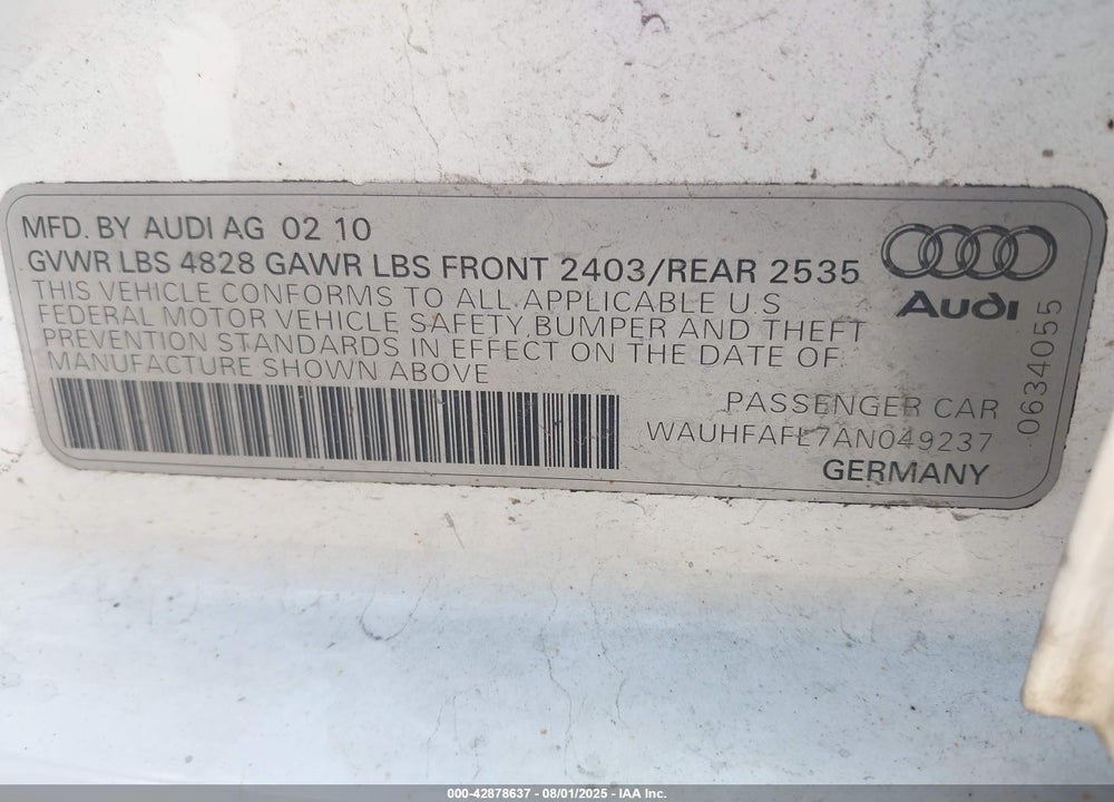2010 AUDI A4 VIN: WAUHFAFL7AN049237