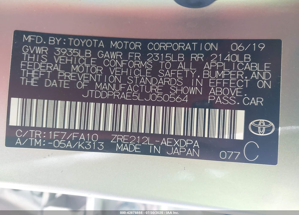2020 TOYOTA COROLLA L VIN: JTDDPRAE5LJ050564
