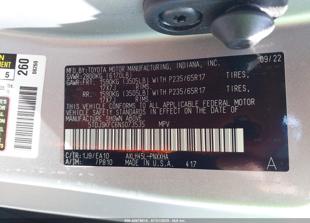 2022 TOYOTA SIENNA XLE VIN: 5TDJSKFC6NS073535