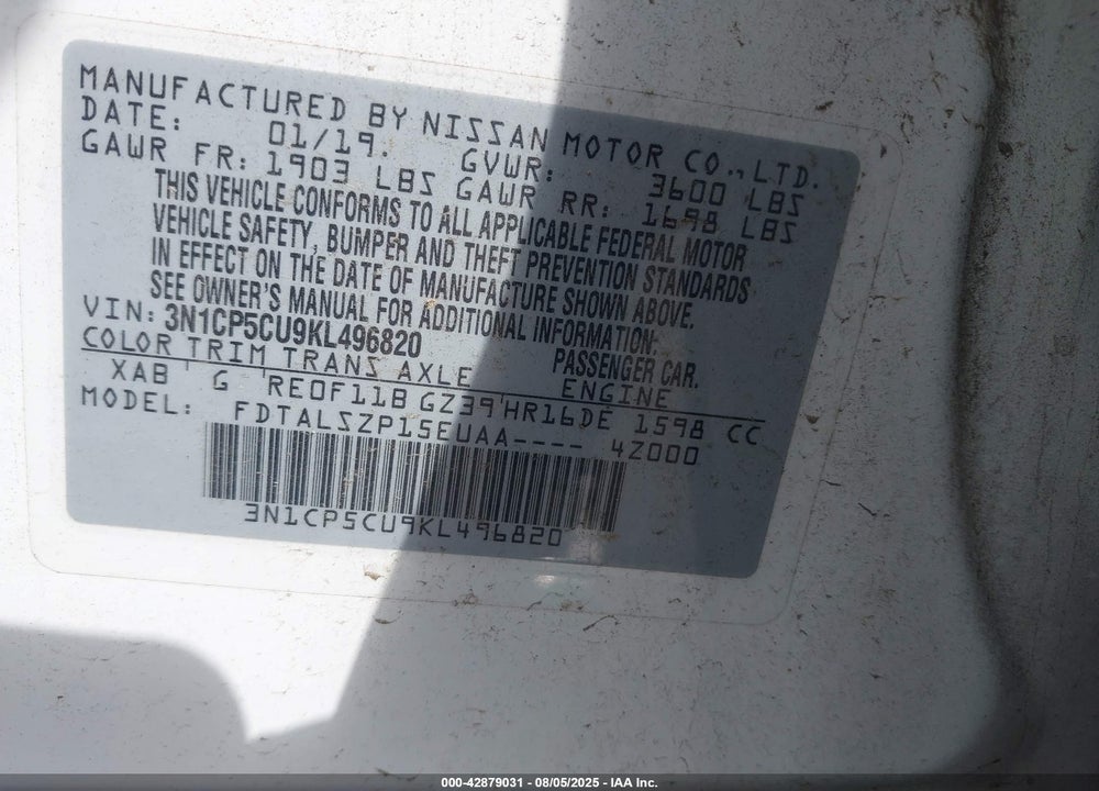2019 NISSAN KICKS VIN: 3N1CP5CU9KL496820
