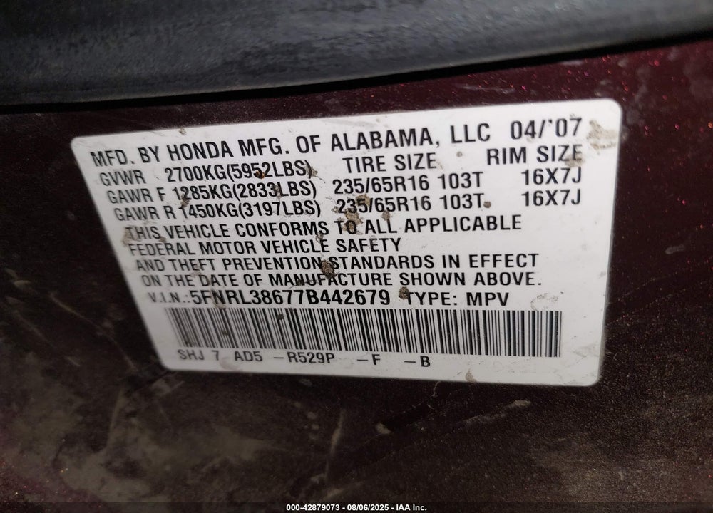 2007 HONDA ODYSSEY EX-L VIN: 5FNRL38677B442679