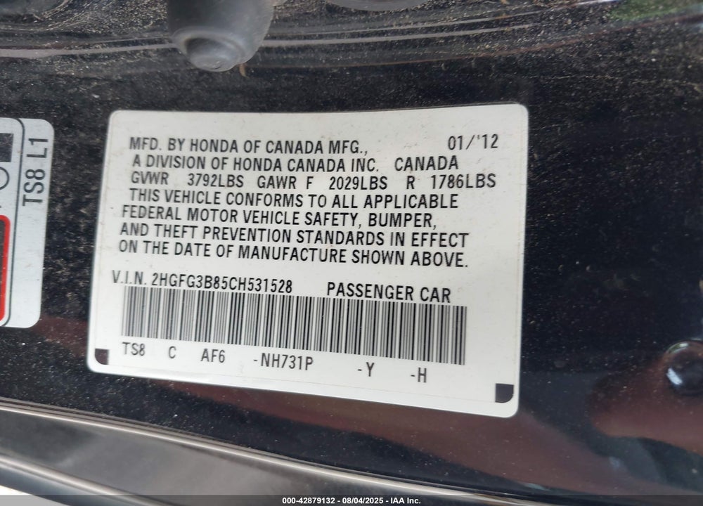 2012 HONDA CIVIC VIN: 2HGFG3B85CH531528