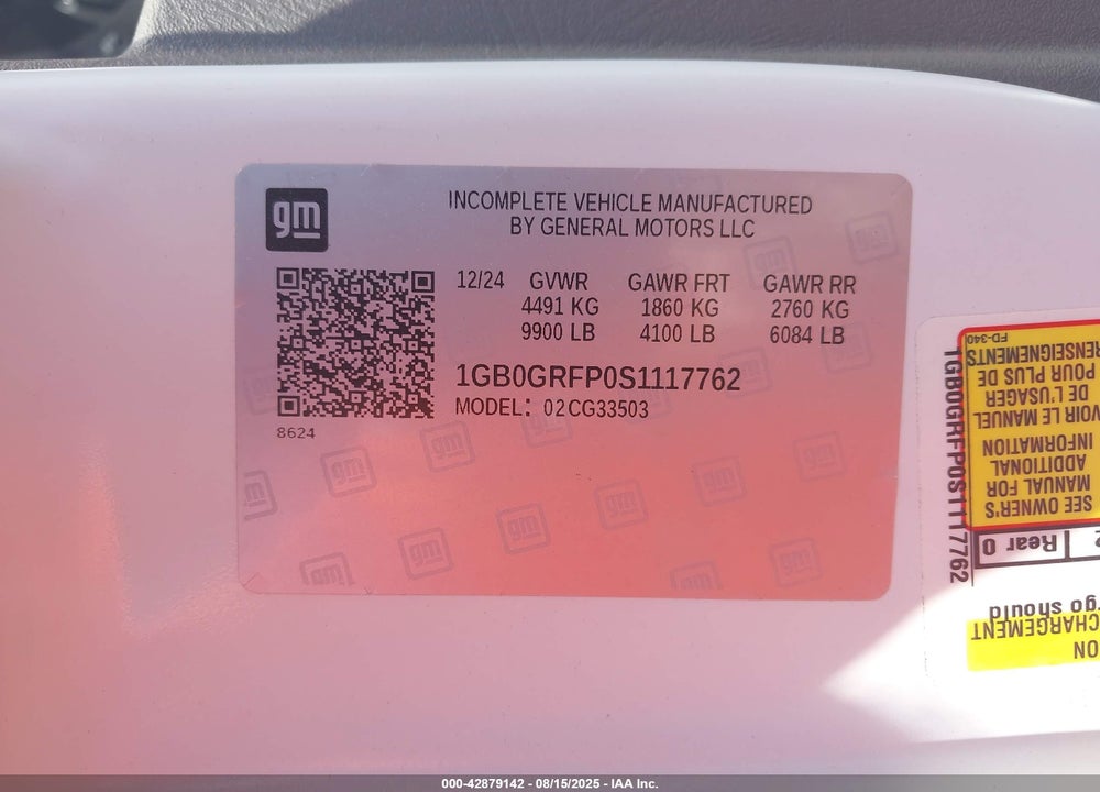2025 CHEVROLET EXPRESS CUTAWAY WORK VAN VIN: 1GB0GRFP0S1117762
