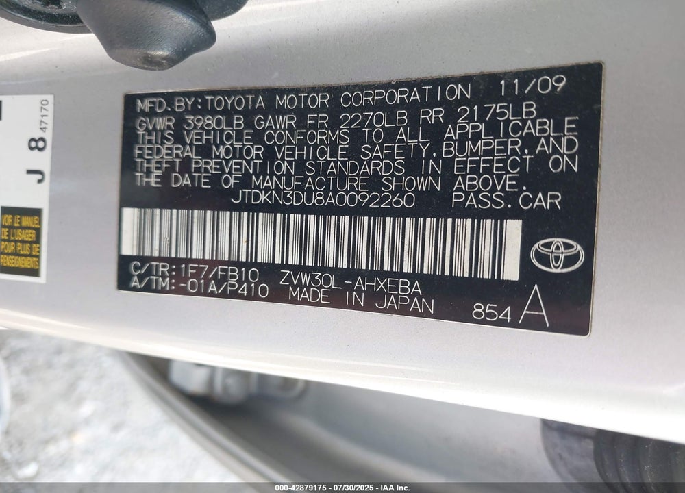 2010 TOYOTA PRIUS II VIN: JTDKN3DU8A0092260