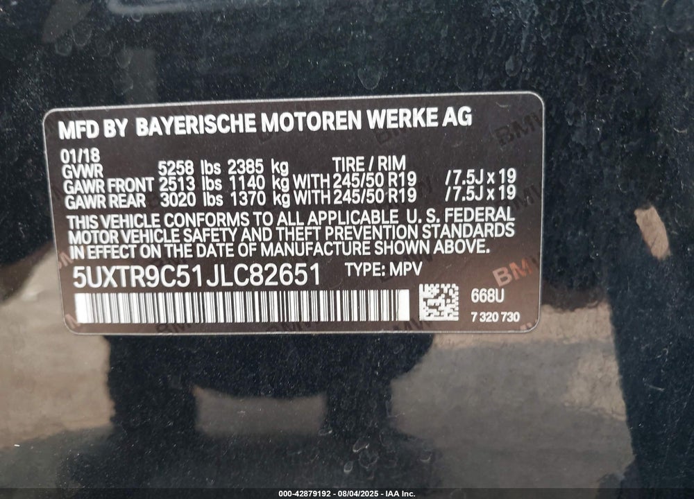 2018 BMW X3 VIN: 5UXTR9C51JLC82651