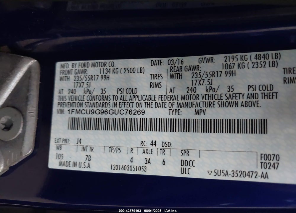 2016 FORD ESCAPE VIN: 1FMCU9G96GUC76269