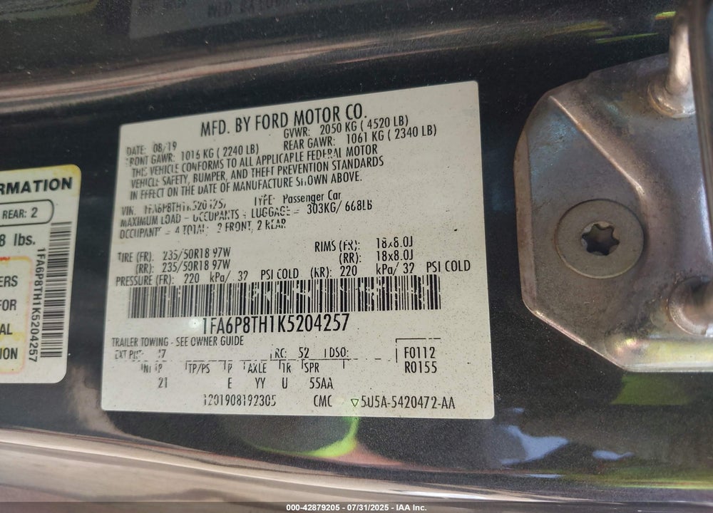 2019 FORD MUSTANG ECOBOOST VIN: 1FA6P8TH1K5204257