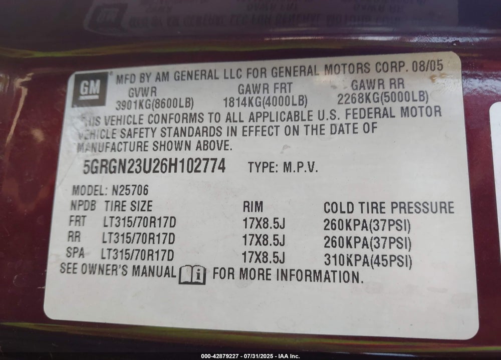 2006 HUMMER H2 VIN: 5GRGN23U26H102774