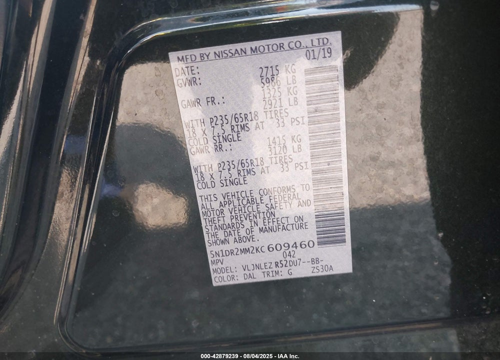 2019 NISSAN PATHFINDER VIN: 5N1DR2MM2KC609460