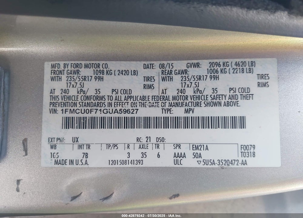 2016 FORD ESCAPE VIN: 1FMCU0F71GUA59627