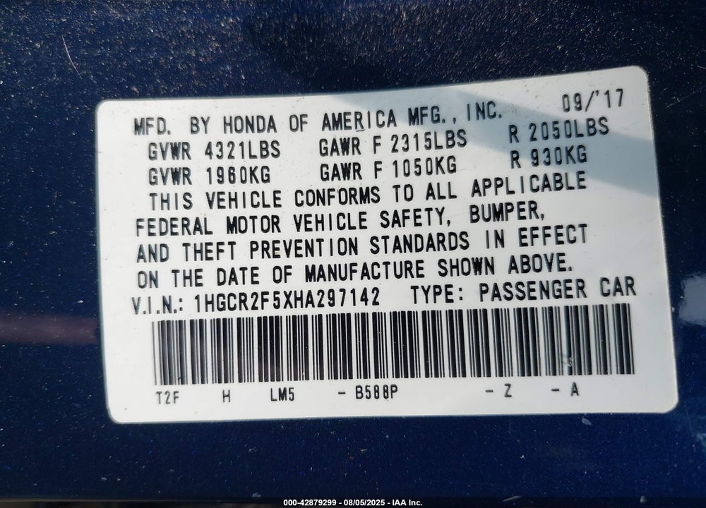 2017 HONDA ACCORD VIN: 1HGCR2F5XHA297142