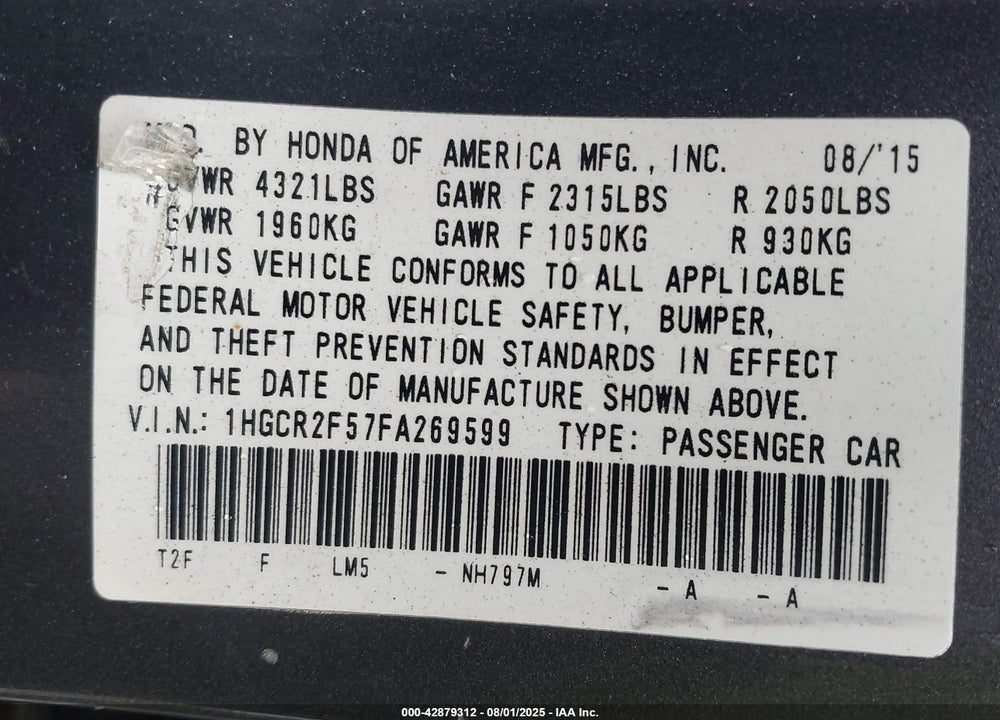 2015 HONDA ACCORD VIN: 1HGCR2F57FA269599