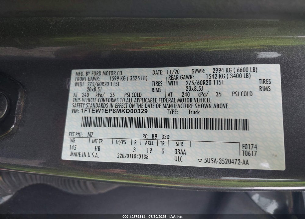 2021 FORD F-150 VIN: 1FTEW1EP8MKD00329
