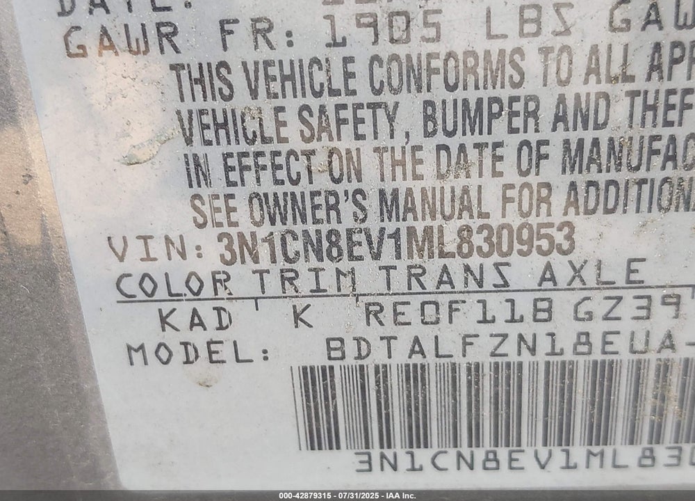 2021 NISSAN VERSA VIN: 3N1CN8EV1ML830953
