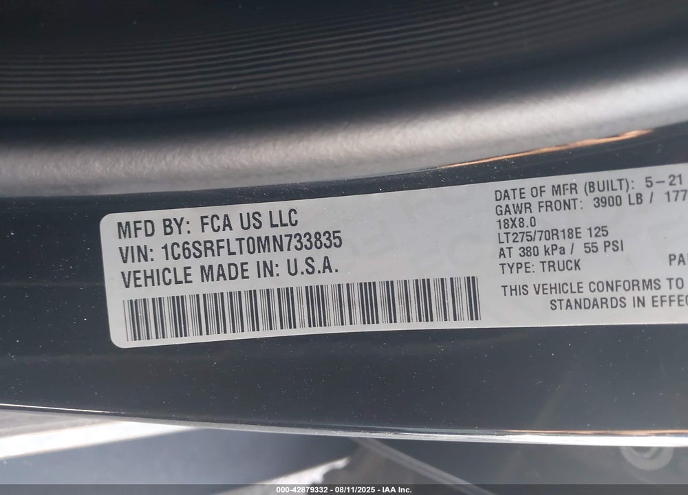 2021 RAM 1500 VIN: 1C6SRFLT0MN733835