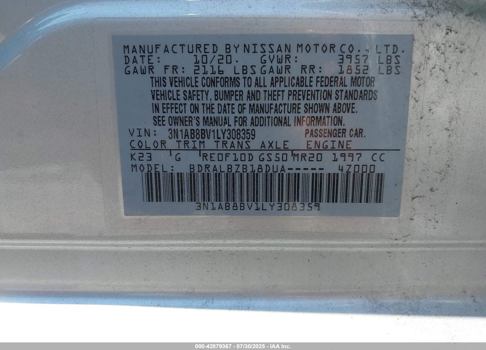 2020 NISSAN SENTRA VIN: 3N1AB8BV1LY308359
