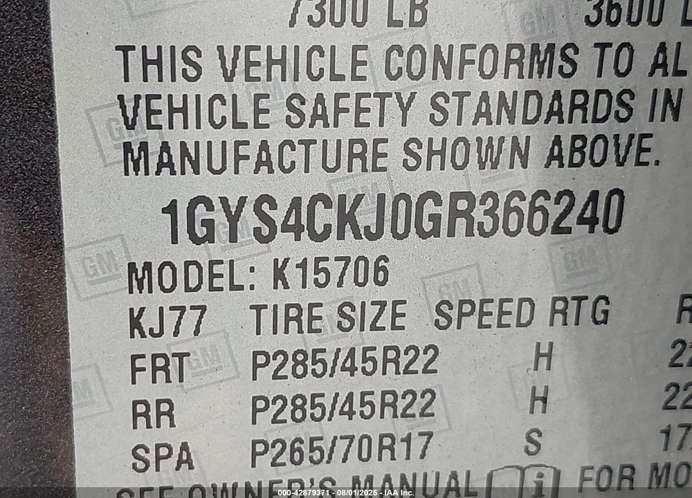 2016 CADILLAC ESCALADE VIN: 1GYS4CKJ0GR366240
