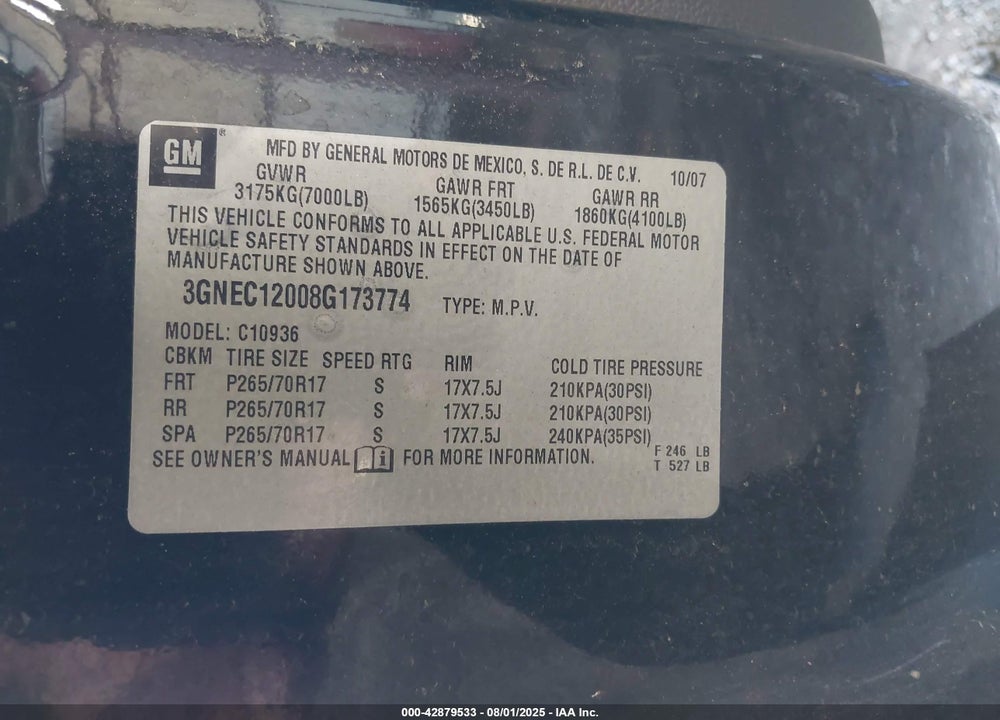 2008 CHEVROLET AVALANCHE 1500 VIN: 3GNEC12008G173774
