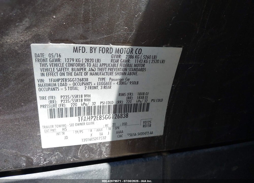 2016 FORD TAURUS VIN: 1FAHP2E85GG126838