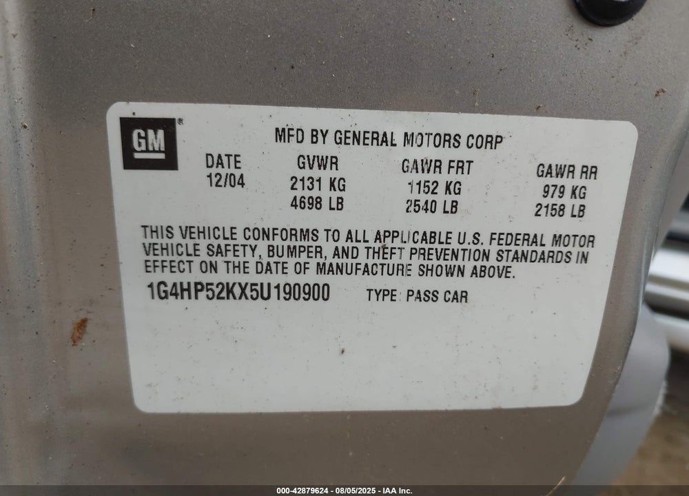 2005 BUICK LESABRE CUSTOM VIN: 1G4HP52KX5U190900