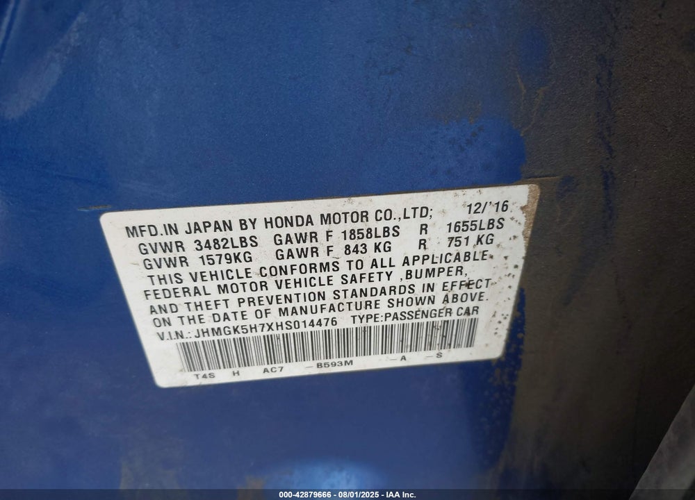 2017 HONDA FIT EX VIN: JHMGK5H7XHS014476