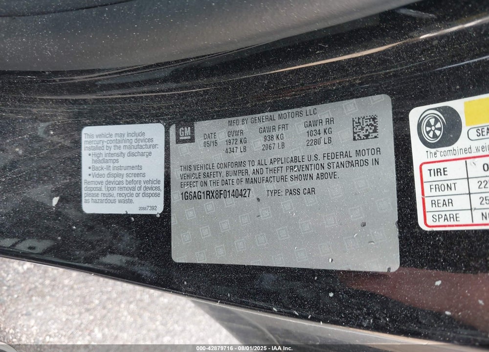2015 CADILLAC ATS STANDARD VIN: 1G6AG1RX8F0140427