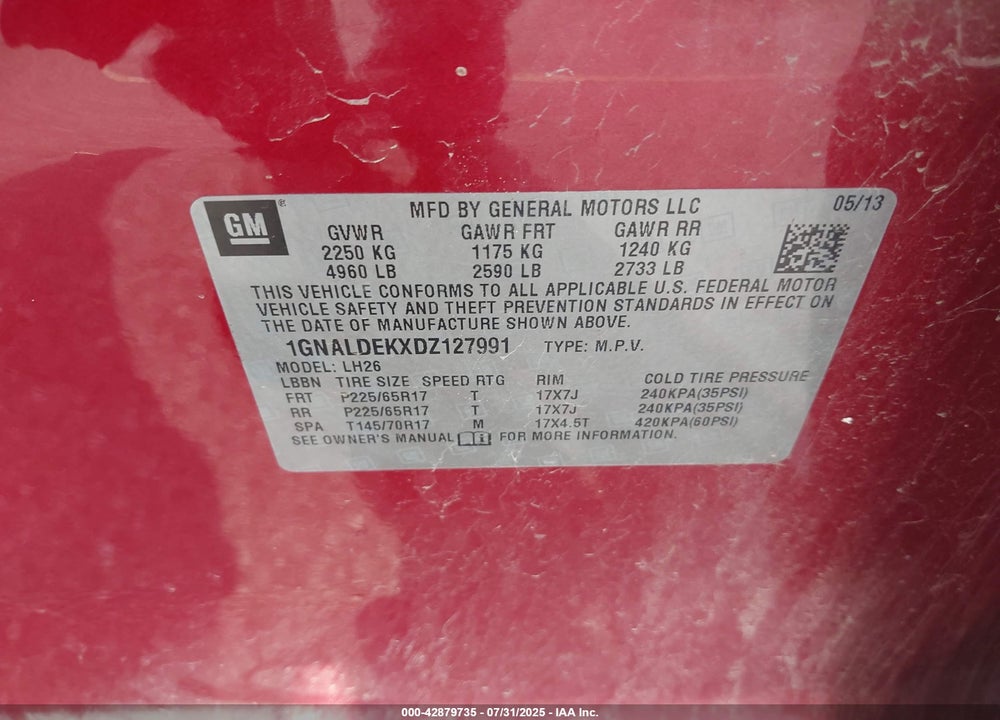 2013 CHEVROLET EQUINOX VIN: 1GNALDEKXDZ127991