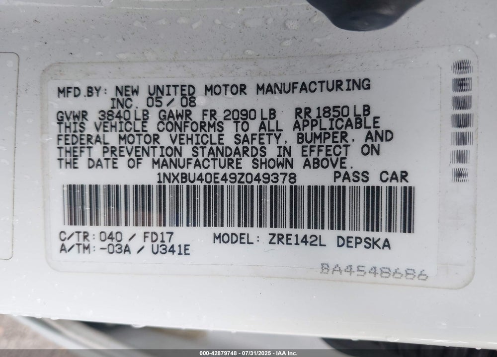 2009 TOYOTA COROLLA S VIN: 1NXBU40E49Z049378