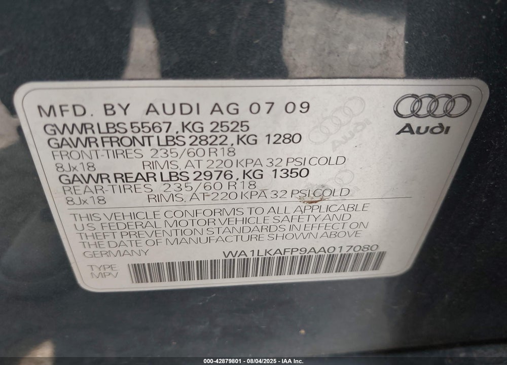 2010 AUDI Q5 VIN: WA1LKAFP9AA017080